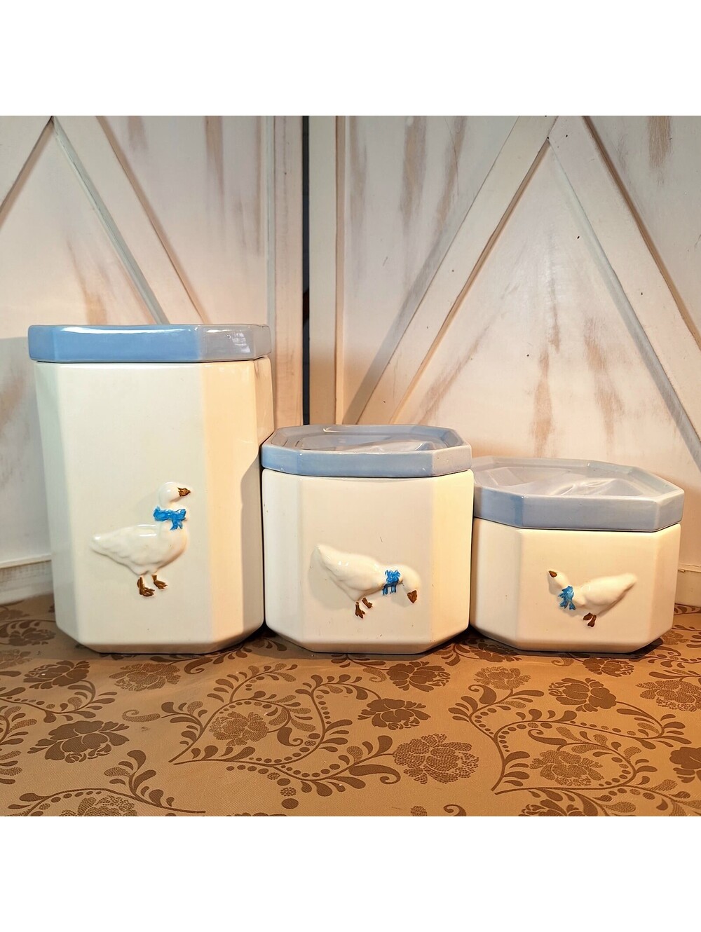 VTG Goose Canister 3pc. Set w/Lids Ceramic White And Country Blue 90’s USA